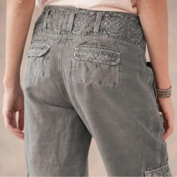 Sundance More Than Cargo Gray Linen Cotton Embroidered Boho Utility Pants - Picture 3 of 8